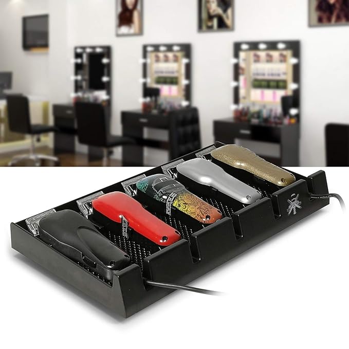 Segbeauty Barber Clipper Tray, Holder and Rack, Anti-Slip Black Salon Organizer, Razor Case, 5 Notches Professional Hair Trimmer Holder, Hairdresser Stylist Barbers Tools Box