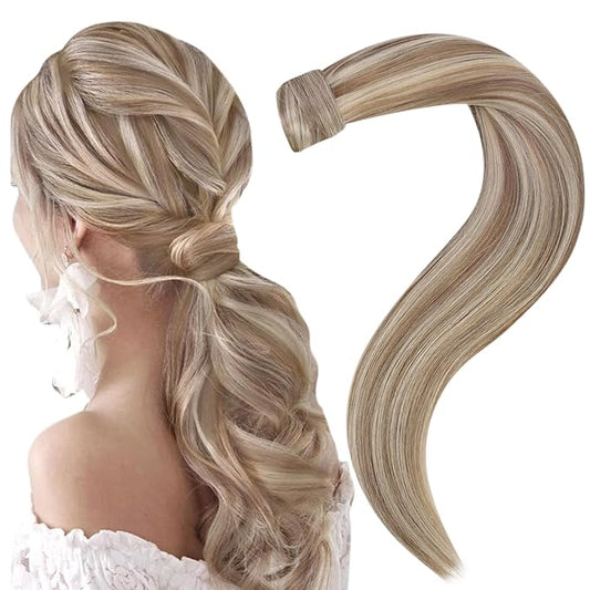 Easyouth Ponytail Extensions - Wrap Around Human Hair Ponytail - Ash Brown Highlights & Bleach Blonde - 16Inch 80g Silky Clip in Pony Tails