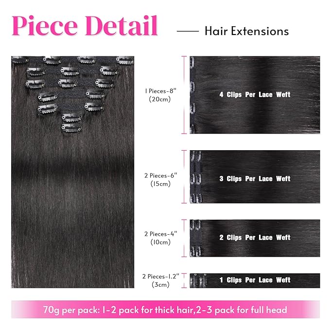 Clip In Extensions Human Hair,Lace Edge Double Weft 70g 7pcs Human Hair Clip In Extensions 18Inch #1B Natural Black Remy Hair