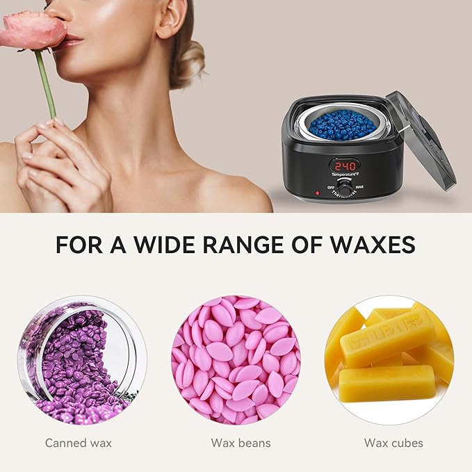 Waxing Kit for Women Men, Digital Wax Kit with Silicone Bowl & 4 Bags Hard Wax Beads, Portable Wax Warmer for Sensitive Skin Full Body Hair Removal, Brazilian Bikini, Eyebrow, Face (Black)