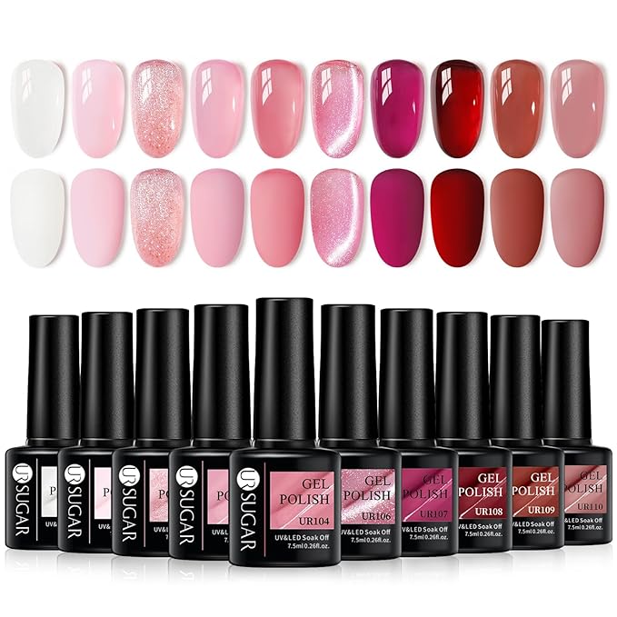 UR SUGAR Jelly Gel Nail Polish Set, 10 Colors Spring Summer Nude Pink Translucent Nail Art Gel Kits Soak Off Manicure DIY Home Nail Salon for Women