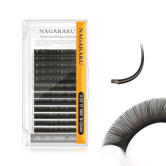 NAGARAKU Double Tips Flat Ellipse Eyelash Extensions Supplies 0.25 D curl 8-12mm Mix Natural Charcoal Color Faux Mink Super Soft Split Tips Lash Individual Lashes