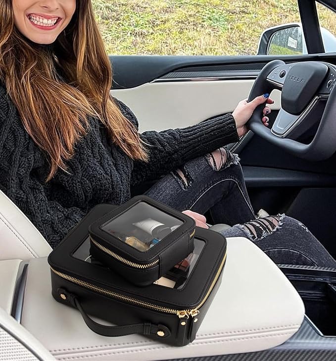 Clear Makeup Bags TSA Approved Toiletry Bag Handle Large Opening,Clear Toiletry Bags for Carry-on Traveling Travel Car Accessories Essentials Organziation Storage for Women Girls(Black, Mini&Large)