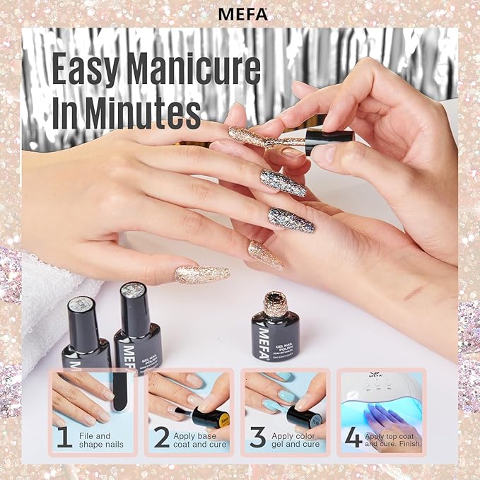 MEFA Glitter Nail Polish Set 6 Colors, Chrome Platinum Sparkly Shiny Black Silver Pink Champagne Turquoises Gel Polish Kit Soak Off Nail Art Design at Home DIY Manicure Kit Gifts for Women