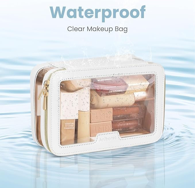 Clear Makeup Bag, Travel Clear Cosmetic Bag and Makeup Brush Bag, Transparent Portable Makeup Case, Waterproof Toiletry Bag with Zipper for Women, White