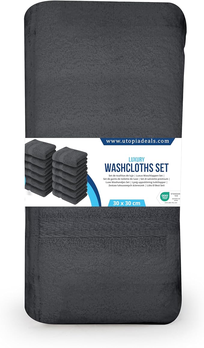 Utopia Towels 12 Pack Premium Wash Cloths Set, 12 by 12 Inches, 100% Cotton Ring Spun, Highly Absorbent and Soft Feel Essential Washcloths for Bathroom, Spa, Gym, and Face, Dark Brown