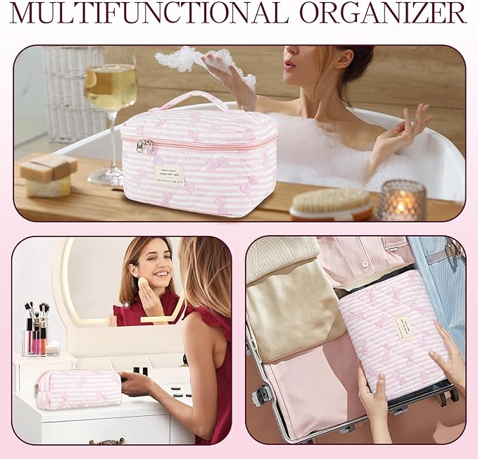 3Pcs Quilted Makeup Bag, Cute Floral Cotton Cosmetic Bag set, Coquette Bow Makeup Pouch Large Travel Toiletry Bag