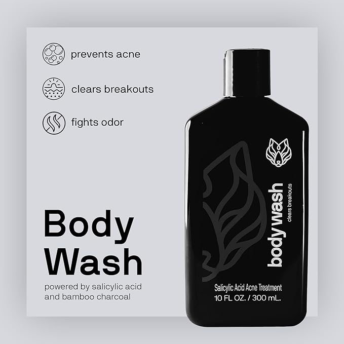 Black Wolf Charcoal Powder Body Wash Men - 10 Fl Oz Paraben-Free Mens Body Wash - Salicylic Acid Reduce Acne Breakouts and Cleanse Your Skin - Full Coverage & Deep Clean Men's Bodywash