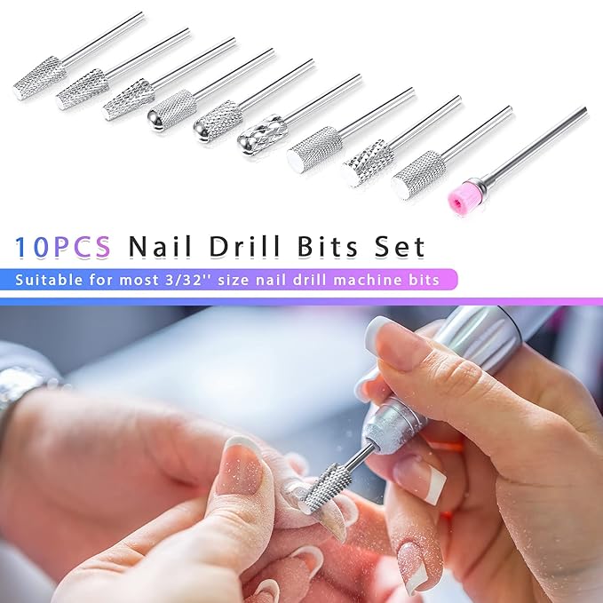 Honoson 10 Pcs Nail Drill Bits Set, 3/32 Inch Tungsten Carbide Bits for Nail Tech, File Remove Acrylic Gel Polish, Manicure Pedicure Tools for Salon Home Supplies(Silver)