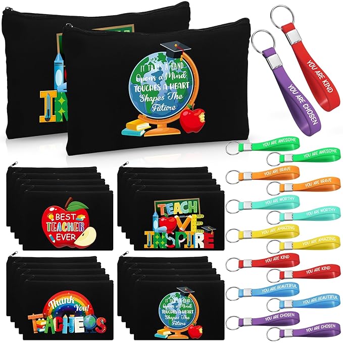 Capoda 56 Pcs Teacher Appreciation Gifts in Bulk 28 Inspirational Flax Cosmetic Bags for Women 28 Motivational Quote Keychains Thank You Gifts for Teacher's Day Graduation Back to School (Black)