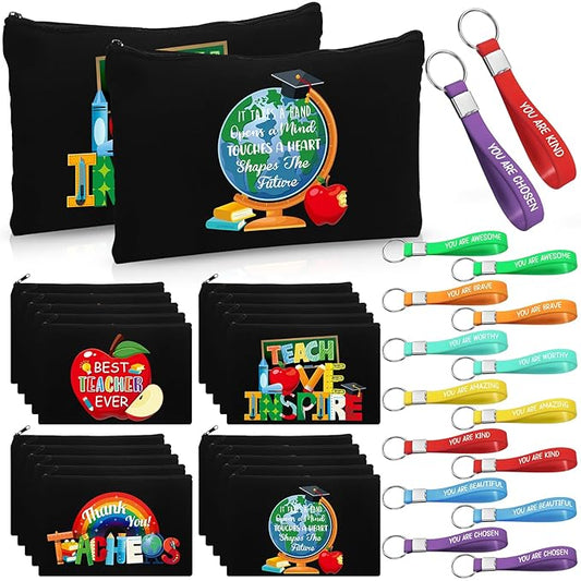 Capoda 56 Pcs Teacher Appreciation Gifts in Bulk 28 Inspirational Flax Cosmetic Bags for Women 28 Motivational Quote Keychains Thank You Gifts for Teacher's Day Graduation Back to School (Black)