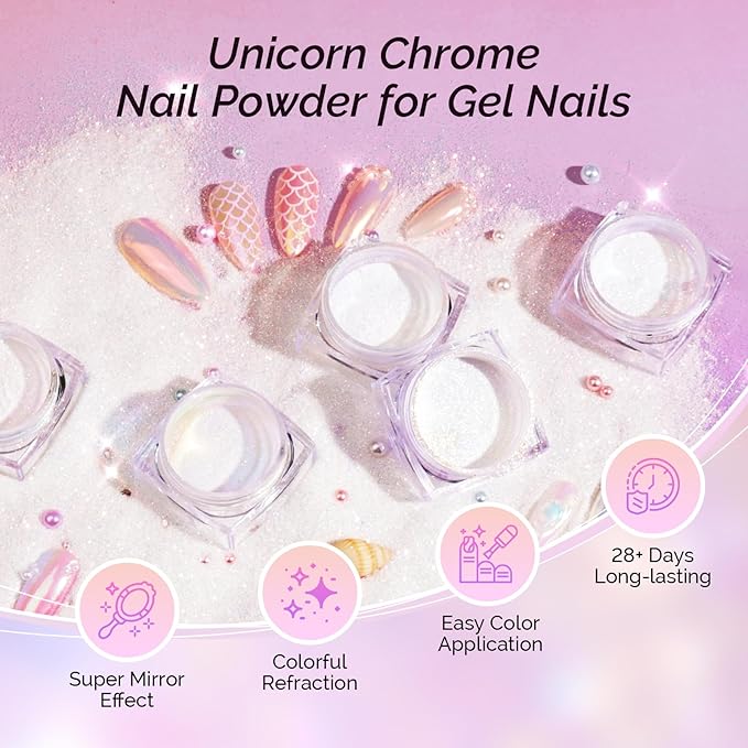 MelodySusie 9Pcs Unicorn Chrome Nail Powder,Ice Transparent Aurora,Mirror Effect,Color Changing Pearlescent,Multi-color Chrome Rainbow Pigment Super Shiny,Suitable for Home DIY Nail Salon