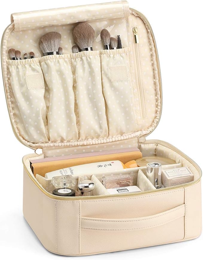 Vlando Toiletry Bag, Large Wash Bag, Travel Cosmetic Make-up Bag, Multi-compartment with Dividers for Cosmetics Makeup Brushes Toiletry Jewelry Accessories, Beige