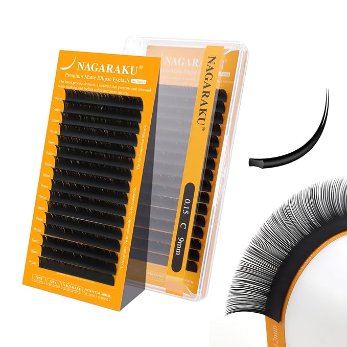 NAGARAKU Flat Ellipse Eyelash Extensions, 5TH GEN AIR SERIES Double Tips Lashes Lighter Thinner Flat Split Tips Individual Lash Matte Black Classic False Eyelashes 16 Rows -0.15 C Curl 9mm