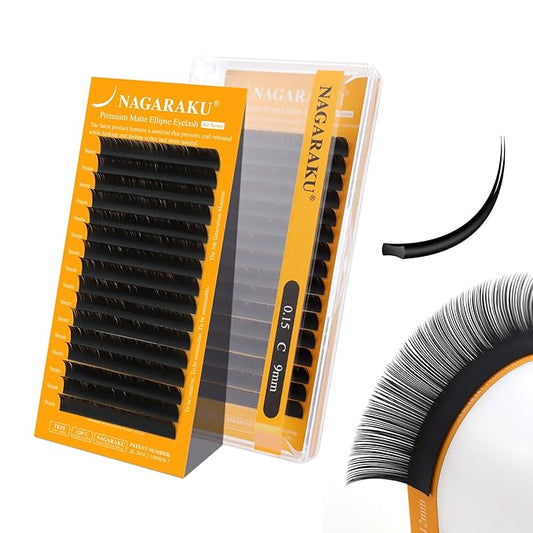 NAGARAKU Flat Ellipse Eyelash Extensions, 5TH GEN AIR SERIES Double Tips Lashes Lighter Thinner Flat Split Tips Individual Lash Matte Black Classic False Eyelashes 16 Rows -0.15 C Curl 9mm