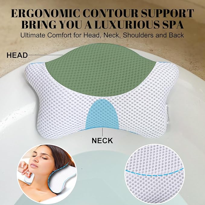 Non Slip Bath Pillow, Luxury Spa Bathtub Head & Neck Rest Support, Permeable Quick Drying Air Mesh Tub Pillow with 4 Large Suction Cups, Fits Any Tubs, Soft and Relaxing