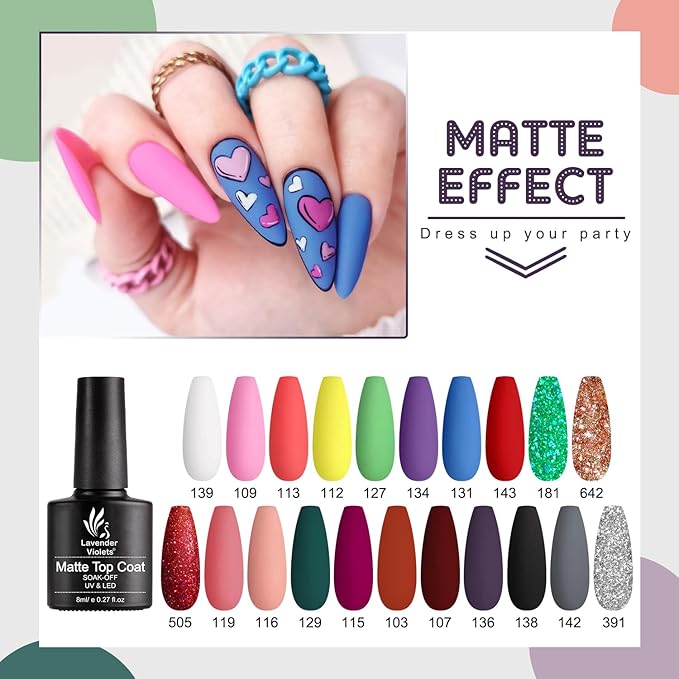 Lavender Violets 26-Piece Gel Nail Polish Set: Pink, Red, Grey Blue and Glitter Green Colors with 4 Bottles of Glossy & Matte Top Coat, Blooming Gel, and Base Coat - Nail Art Gifts