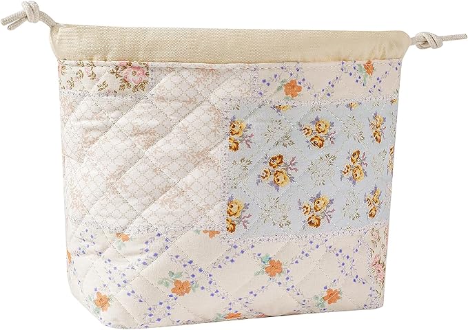 Cotton Quilted Drawstring Makeup Bag with Canvas Lining,Coquette Aesthetic Cute Travel Toiletry Bag,Drawstring Gift Bag for Women and Girls（08Pink Flower）
