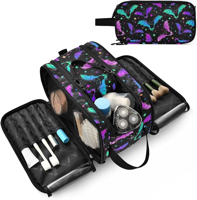 MNSRUU Luminous Bats Makeup Bag - Large Capacity Cosmetic Organizer, Portable Toiletry Bag for Travel Size