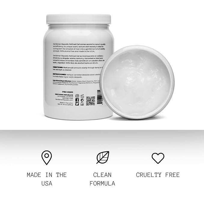 Gentlemen Republic 64oz Refined Hair Gel for Men - Premium Gel For Men Humidity Resistant & Alcohol-Free - All Day Shine and Hold for All Hair Types and Never Flakes - Made in the USA