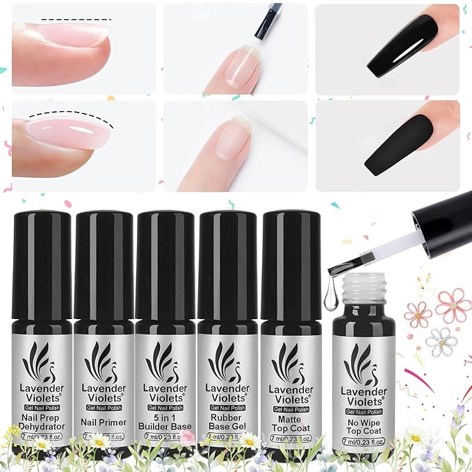 Lavender Violets 6 Pcs Gel Base and Top Coat Set: Nail Dehydrator and Primer, 5-in-1 Builder & Rubber Base Coat, Matte & No-Wipe Top Coat Long-Lasting Manicure C200