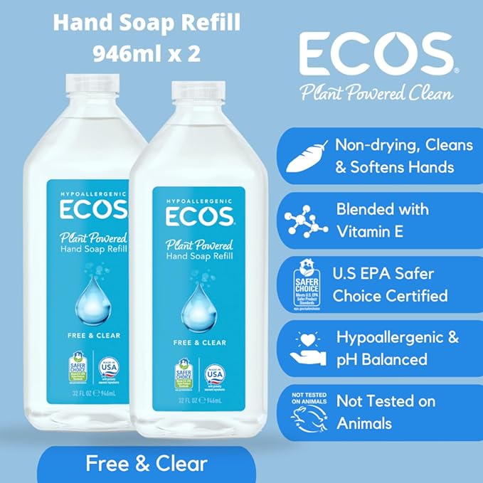 ECOS Supercharged Squeaky Clean: Free & Clear Refill Hand Soap (2 Pack) | Emphasizes both cleaning power friendliness