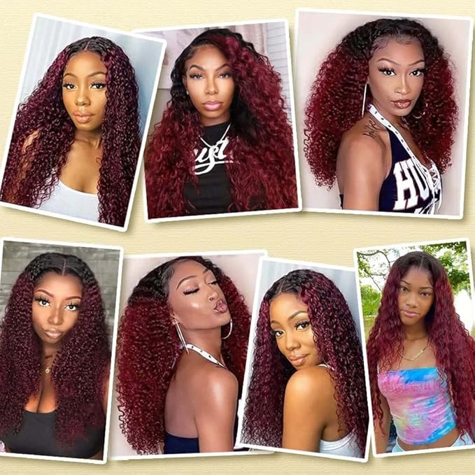 Ombre 1B99j Human Hair Curly Bundles Burgundy Curly Hair Bundles Black Mixed With Burgundy Grade 8A Two Tone Brazilian Human Hair Extensions Soft and Silky for Black Women 20 22 24 Inch