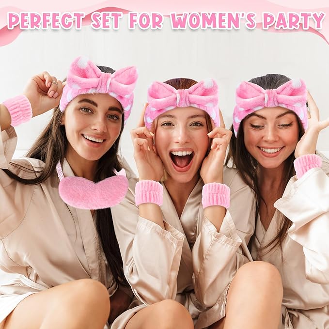 42 Pcs Spa Sleepover Party Supplies Bulk for Women Include 6 Pink Spa Hairbands 6 Plush Eye Masks 12 Wristbands 6 Bath Loofahs 6 Pairs Disposable Slippers 6 Organizer Bags for Women Slumber Party Gift