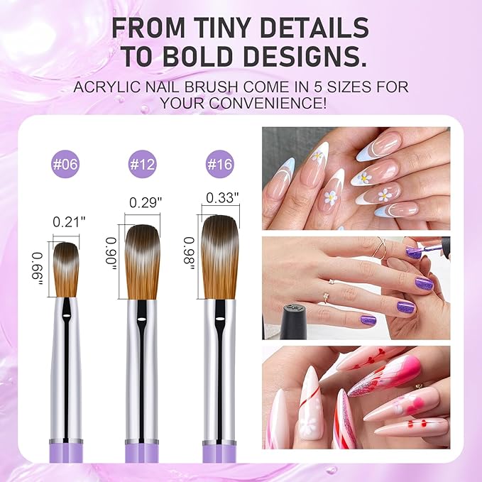 3PCS Kolinsky Nail Art Brush Set, Size 06/12/16 for Acrylic Application, Sturdy Handle Oval Shaped Powder Design Tools for Professional Manicure DIY Home