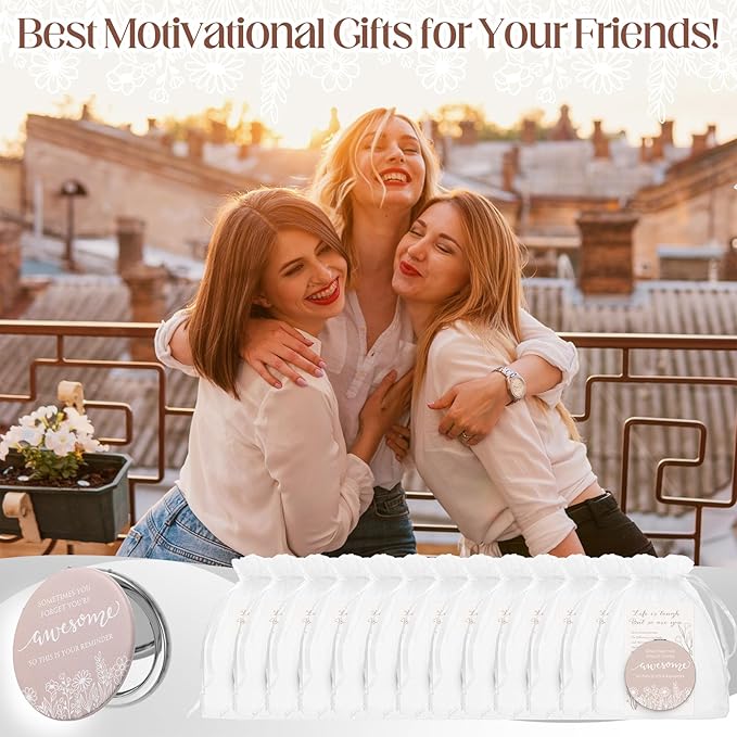 Graduation Wildflower Inspirational Gifts for Women Bulk Motivational Compact Mirror Makeup Purse Double Sided Folding Mirror Inspirational Gift Cards with Bag for Women(24 Set)