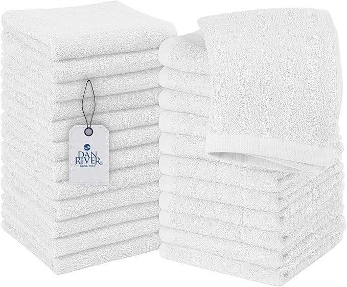 DAN RIVER 100% Cotton Washcloths 24 Pack Premium Quality Face and Body Cloth, Quick Dry Essential Towels for Bathroom, Hand, Kitchen & Cleaning, Baby Washcloths | 12X12 in | 400 GSM | White