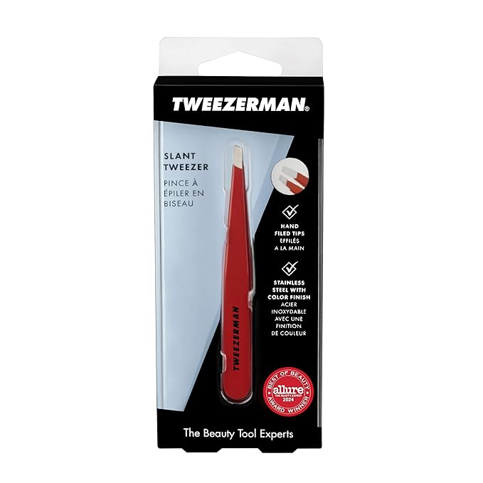Tweezerman Stainless Steel Slant Tweezer - Eyebrow Tweezers for Women and Men (Signature Red)