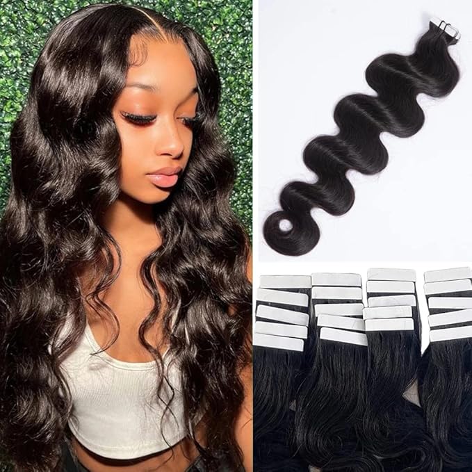 22Inch Curly Human Hair Extension PU Tape ins Natural Body Wave Tape On Real Human Hair Invisible Curly Tape in Hair Extensions Glue in Hair Extensions 20pcs 50g/Pack for Women Double Side