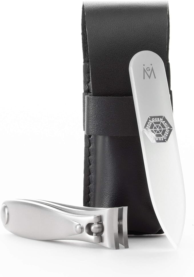 GERMANIKURE Nail Clipper and Glass Nail File Set in Black Leather Case - Made in Solingen Germany of FINOX Stainless Steel, Glass Nail Care Supplies Made in Czech Republic