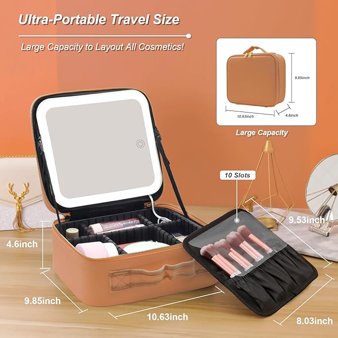 Travel Makeup Bag Cosmetic Bag Make up Organizer Bag with Large Lighted Mirror 3 Color Modes Adjustable Brightness, Waterproof PU Leather Makeup Travel Case Makeup Train Case Toiletry Gift Accessories