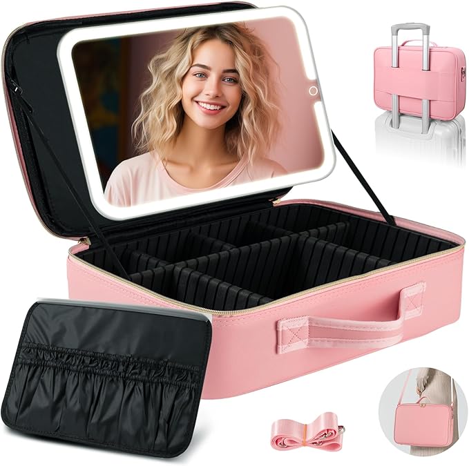 15''X11'' Large Makeup Bag with Removable Lighted Mirror, Professional Travel Makeup Train Case PU Leather Cosmetic Make up Organizer with Adjustable Dividers & Brush Storage Board
