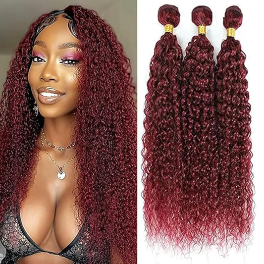 Color 99j Curly Hair Bundles Burgundy Curly Bundles 8a Grade Double Weft Weave Extensions Brazilian Human Hair Soft and Silky for Black Women 26 28 30 Inch