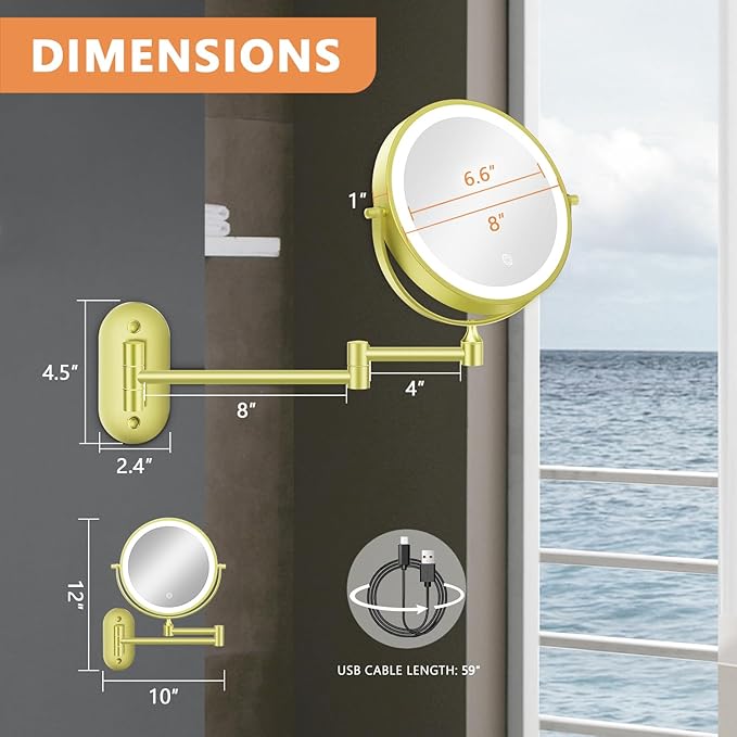 1X/20X Wall Mounted Makeup Mirror with Light, 8" Double-Sided Magnifying Mirror, 3 Color Lights Touch Dimmable Vanity Mirror with 360° Extension Rotation Foldable 14.5 Inch Arm for Bathroom