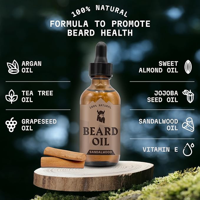 Striking Viking Beard Oil for Men - 2 Fl Oz, Sandalwood Scent - Naturally Derived Conditioner with Almond, Tea Tree, Argan & Jojoba Oil for Beard Growth, Softening & Moisturizing