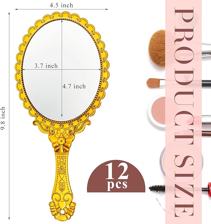 Qunclay 12 Pcs Vintage Handheld Mirror, 9.8" L x 4.5" W Small Gold Embossed Portable Princess Mirror for Classroom Kids Princess Party Favors Travel