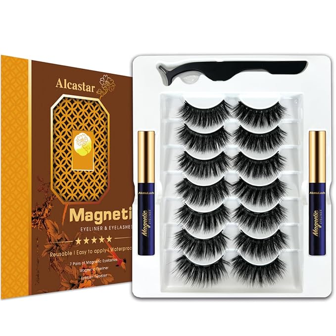 Alcastar Magnetic Eyelashes with Eyeliner Kit, Magnetic Lashes Natural Looking with, Long Lasting, Easy Apply,Cruelty-Free. (3D layered-7-2-D42)