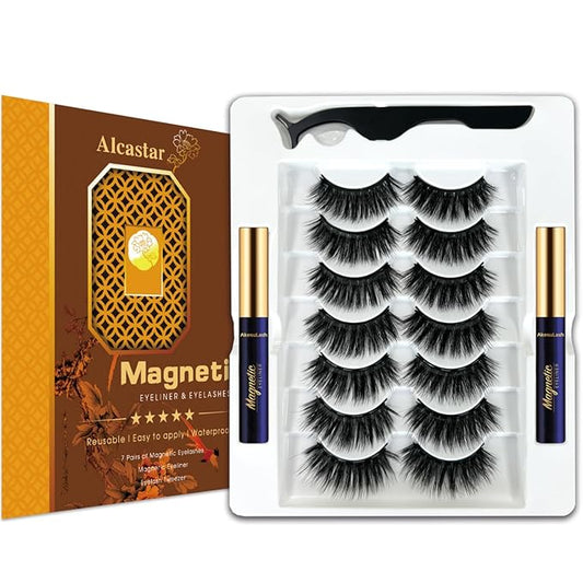Alcastar Magnetic Eyelashes with Eyeliner Kit, Magnetic Lashes Natural Looking with, Long Lasting, Easy Apply,Cruelty-Free. (3D layered-7-2-D42)