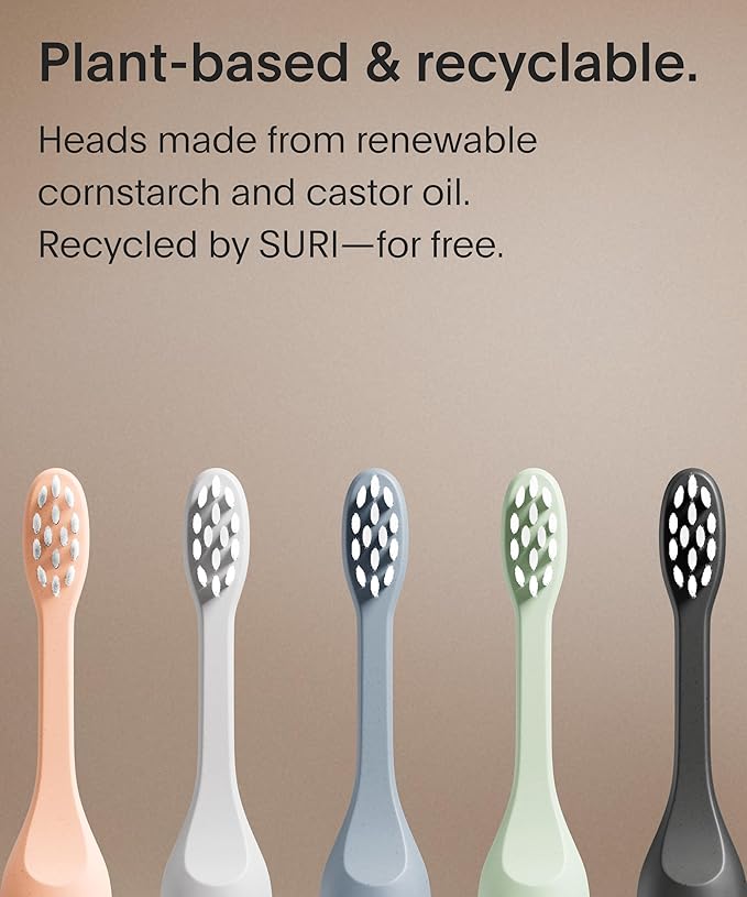 Recyclable Plant-Based, Electric Toothbrush Heads - Built-in Tongue Scraper, Long Lasting Replacement Heads | Compatible Only with SURI Sonic Electric Toothbrush - Winter Fern, Pack of 3