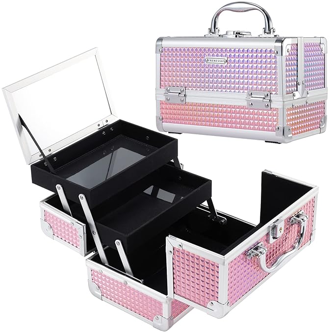 FRENESSA Makeup Box Organizer Portable Cosmetic Train Case Travel Makeup Case with Mirror Locking Make Up Cases Organizers and Storage for Artist Nail Supplies Hard Cosmetic Box Pink