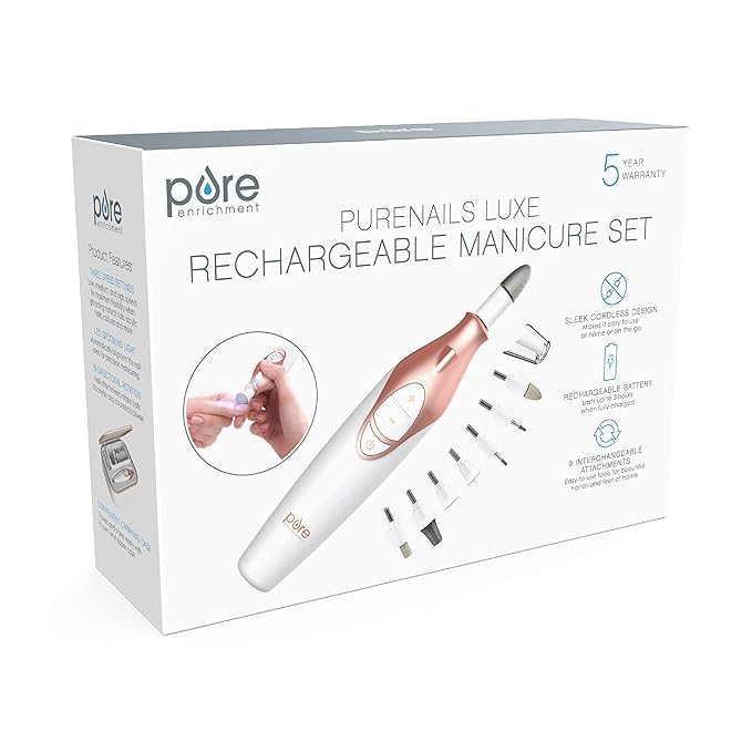 Pure Enrichment PureNails Luxe Rechargeable Manicure Set - Cordless Portable Electric Nail Drill for Acrylic Gel Nails, Manicure Pedicure with 9 Sapphire Filing Attachments and LED Grooming Light