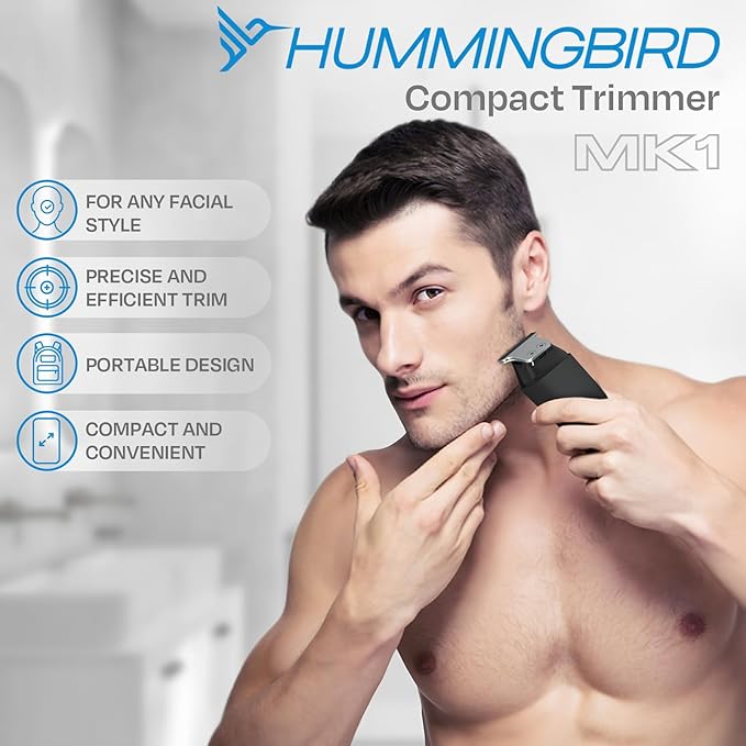 HUMMINGBIRD MK1 Compact Trimmer – Portable Men’s Electric Beard and Body Hair Trimmer, No Nick, No Cut, Cordless USB-C Rechargeable, LED Display, Face and Body Groomer, Travel-Friendly Shaver