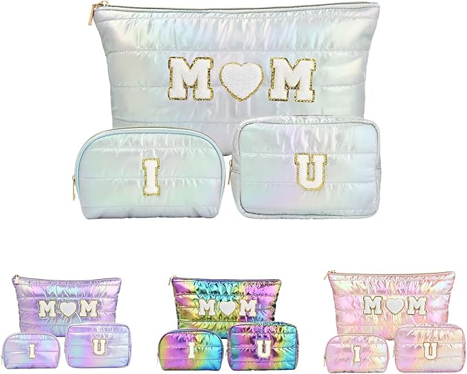 Hiroyuki 3pcs Iridescent Quilted Makeup Bag (ILOVEUMOM, cyan)
