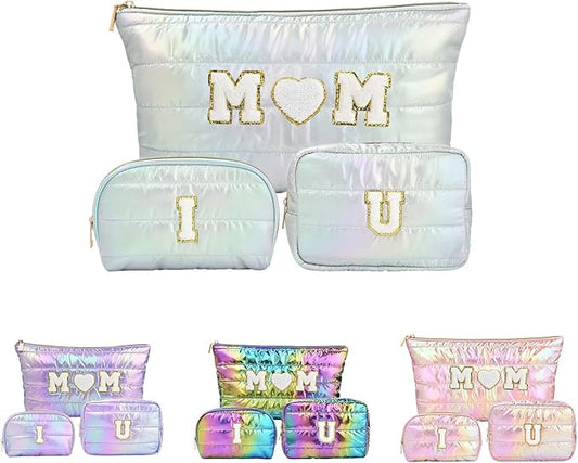 Hiroyuki 3pcs Iridescent Quilted Makeup Bag (ILOVEUMOM, cyan)