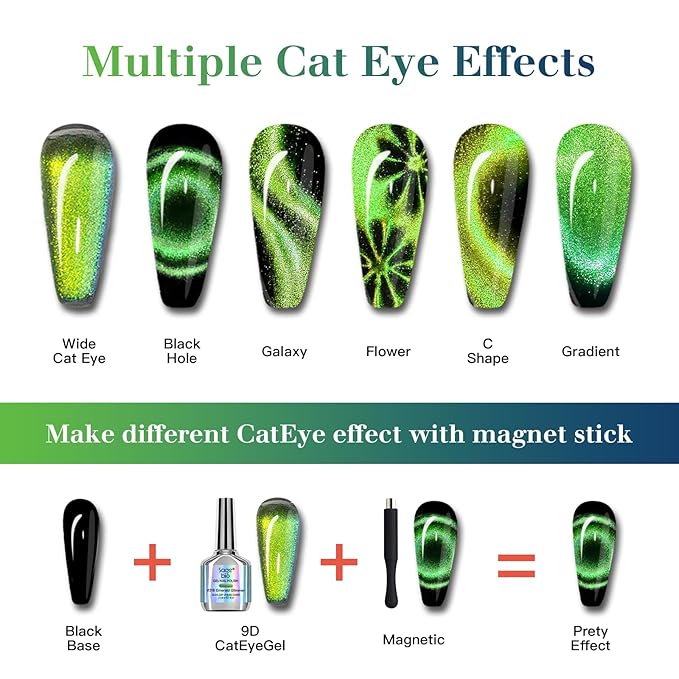 9D Cat Eye Gel Nail Polish Set, 15ml Black Gel + 15ml Emerald Glimmer Cat Eye Gel, Includes Silicone Handle Cylinder Magnetic Stick for Mesmerizing 9D Effects