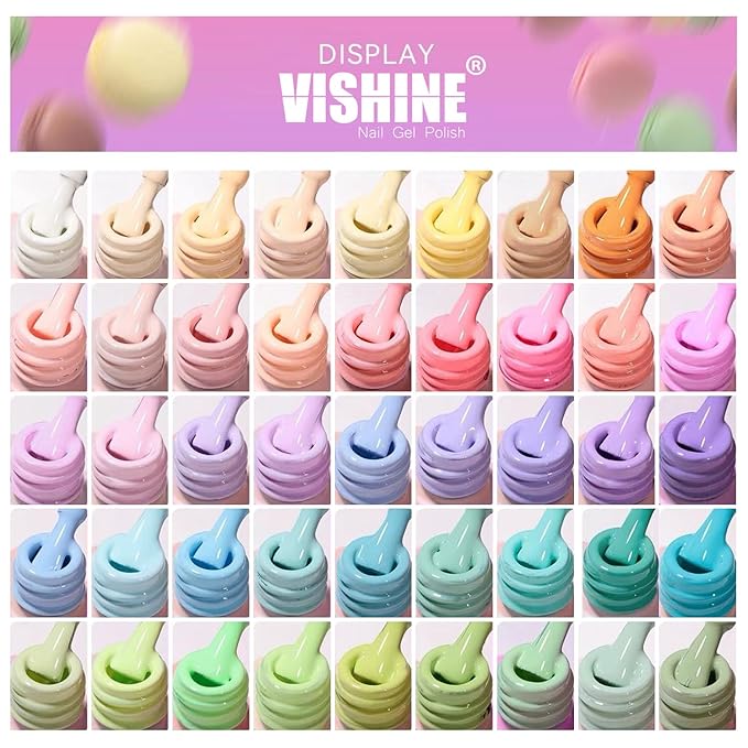 Vishine 48Pcs Pastel Gel Nail Polish Kit with Gel Base Top Coat Macaron Colors Collection Bright Uv Gel Nail Art Solid Colors Decorations for Women Girls Christmas Gift